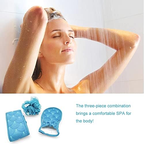 3 ADET Peeling vücut ovucu Seti, Geri Scrubber, banyo eldiveni ve Duş Banyo Süngeri Lif Kabağı Kadınlar ve Erkekler için Duş (Mavi)