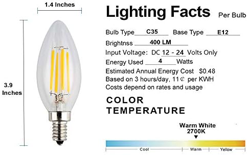OPALRAY 12 V-24 V DC alçak gerilim LED şamdan ampul, DC Dimmer ile 4 W kısılabilir, sıcak beyaz ışık, E12 küçük taban, 40 W akkor değiştirme,