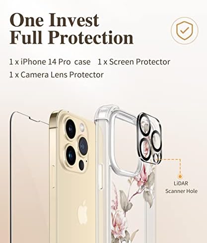 Ekran Koruyucu ve Kamera Lens Koruyucu ile iPhone 14 Pro için GVİEWİN, Çiçek İnce Darbeye Dayanıklı Koruyucu Sert PC + TPU Tampon Çiçek