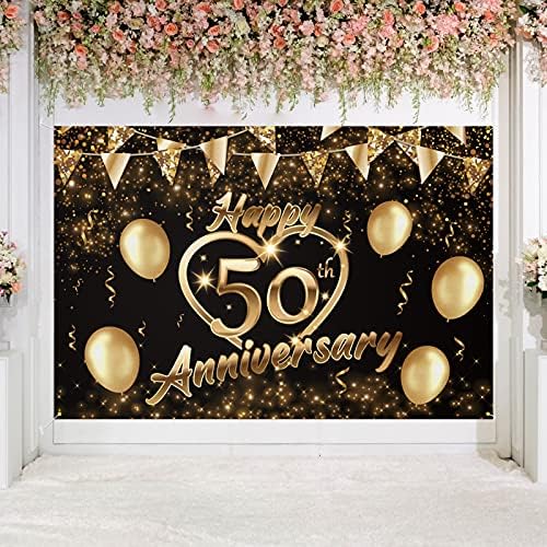 Mutlu 50th Yıldönümü Zemin Afiş Dekor Siyah Altın Glitter Aşk Kalp Mutlu 50 Yıl Düğün Yıldönümü Partisi Tema Süslemeleri Kadın Erkek