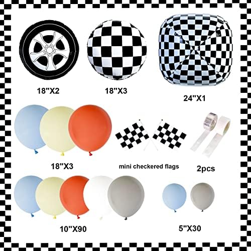 Yarış Arabası Balon Çelenk Kemer Kiti, 136 Adet 18' 10' 5' Gri Pastel Sarı Mavi Balonlar Doğum Günü Partisi Malzemeleri için Damalı