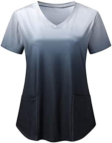 Bayan Kısa Kollu V Boyun Grafik Ofis Fırçalama Üniforma Bluz Gömlek Sonbahar Yaz Bluz Bayanlar için Cepler ile 1G