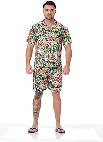 LEPTON Erkek Pijama Takımı-İpek Saten Hawaii Erkek PİJAMA Altları ve Gömlek