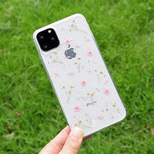 Feibili iPhone 13 Pro max Çiçek Kılıf ile Uyumlu, Yumuşak Şeffaf Esnek Kauçuk Preslenmiş Kuru Gerçek Çiçekler Kılıf Kızlar Glitter