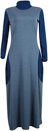 Andongnywell kadın yüksek Yaka Uzun Etek Düz Renk Uzun Kollu Elbise Balıkçı Yaka Maxi günlük elbiseler