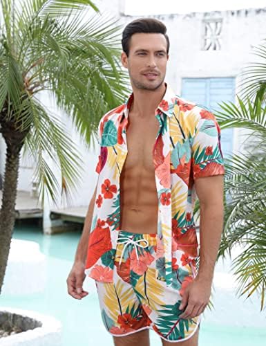 EliteSpirit Mens Hawaiian Gömlek ve Şort 2 Parça Kısa Kollu Çiçek Plaj Tatil Düğme Aşağı Kıyafetler Beyaz M