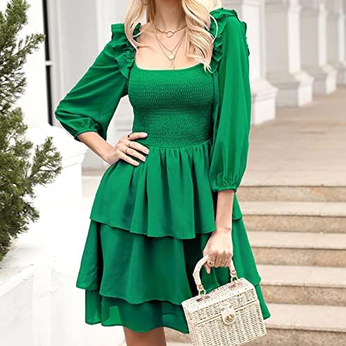 Ruziyoog Kadınlar 2023 İlkbahar yaz elbisesi Rahat Kare Boyun Önlüklü Elbiseler Uzun Kollu Düz Renk Parti Mini Babydoll Elbise