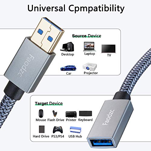 Faodzc USB 3.0 Uzatma Kablosu 20 ft,Uzun USB Uzatma Kablosu Tip A Erkek A Dişi 5Gbps Veri Aktarımı Klavye,USB Flash Sürücü,Playstation,Fare,Sabit