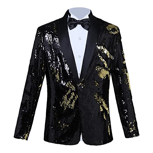Erkek Parlak Sequins Takım Elbise Ceket Pullu Düğün Gece Kulübü Smokin Spor Ceket İnce Bir Düğme Festivali Parti Blazer (Siyah, 3X-Large)