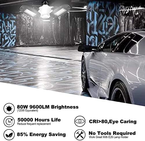 OOOLED 2 Paket LED garaj ışıkları, 80W LED Garaj Aydınlatması, E26 Vidalı Soketi Destekleyen Deforme Olabilen LED Garaj ışıkları, 9600LM