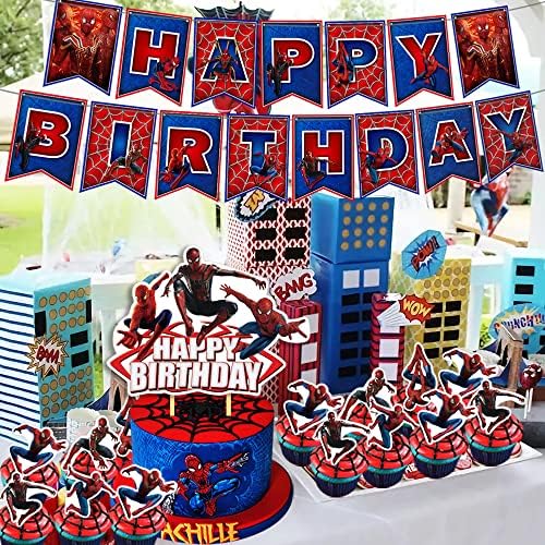 Örümcek Doğum Günü Süslemeleri Örümcek Tema Parti Malzemeleri için Çocuk Boys Mutlu Doğum Günü Banner Dahil, Kek Topper, Zemin, 6 Asılı