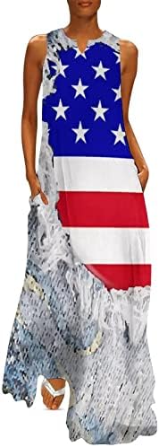 HCJKDU Sundress Kadınlar için 2023 V Boyun Kolsuz Moda Bağımsızlık Günü Baskı Maxi Elbise Gevşek Yaz Sundress Cepler ile