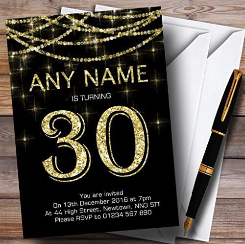 Siyah ve altın ışıltılı Garland 30 kişiselleştirilmiş Doğum günü partisi davetiyeleri