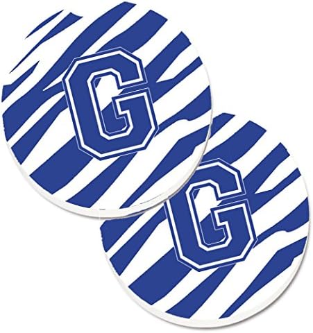 Caroline's Treasures CJ1034-GCARC Mektup G İlk Kaplan Şerit Mavi ve Beyaz 2 Bardak Tutucu Araba Bardak Seti, Araba Bardak Tutucular