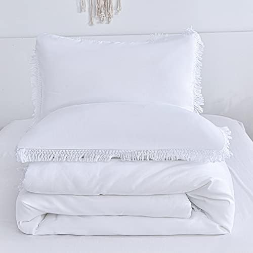 CrushHomes Beyaz Yorgan Seti Püsküllü Nefes Alabilen Yumuşak Hafif Mikrofiber Estetik Yatak Yatak Takımları (Boho Nevresim ve Yastık