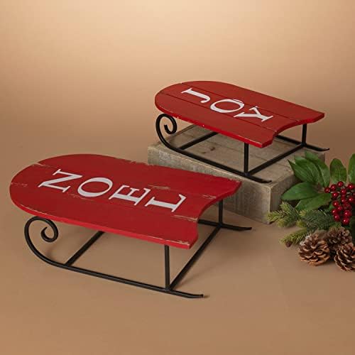 Bir Tatil Yolu 2 kırmızı ahşap ve Metal Dekoratif Noel kızağı Seti “Noel” ve “Sevinç” sözleriyle masaları Tedavi Edin - Noel partisi