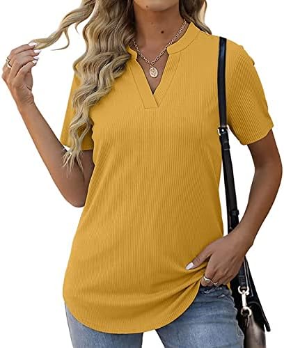 Kadın Düz Renk Gevşek Gömlek Üst 2023 Yaz Rahat Çizgili Nervürlü Kısa Kollu V Boyun Tunik Bluz Tops