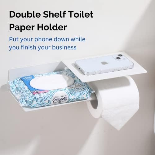 Gün Ay Tasarımları Çift Raflı Tuvalet Kağıdı Tutucusu-Kağıt Mendil Tutuculu Banyo Rafı, Yapıştırıcı veya Vidalarla Duvara Monte Banyo