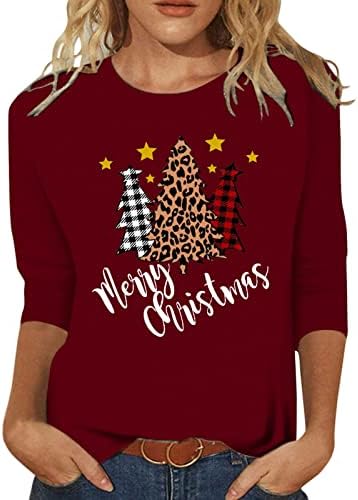 Tees Noel Büyük Boy Gömlek Bayan Noel Rahat Moda Noel Ekose Ağacı Baskı Ekip Boyun Üç Güzel