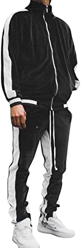 Erkek Kış Kadife Eşofman 2 Parça Renk Bloğu Tam Fermuar Ceket ve Pantolon Spor Seti Sıcak Kalın Rahat Eşofman