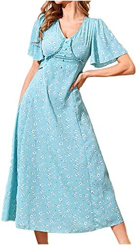 Bayan Yaz uzun elbise Boho Çiçek Wrap Yüksek Waisted V Boyun Şifon Kısa Fırfır Kollu Bir Çizgi Flowy Katmanlı Maxi Elbise