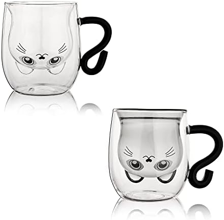 Sevimli Kedi Kupalar 2 Set Sevimli Kedi çay bardağı 8.5 oz Çift Duvar Cam Süt Kahve Kedi kulplu kupa Yalıtımlı Espresso Bira Bardağı