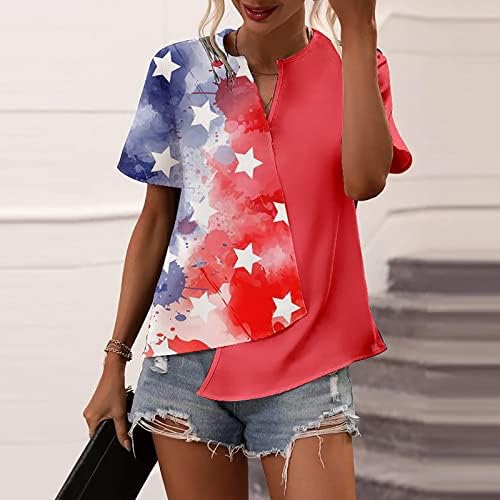 Vatansever Gömlek Kadınlar için ABD Bayrağı T Shirt Düzensiz Hem V Yaka Kısa Kollu Bluzlar Yıldız Çizgili Kravat Boya Yaz Tshirt