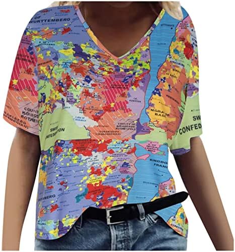 Sonbahar Yaz pamuklu bluz Tee Kadınlar için 2023 Kısa Kollu Derin V Boyun Grafik T Shirt QO QO