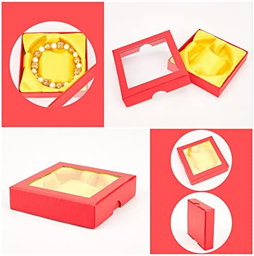 PH PandaHall Kırmızı Karton Kutu, 12 adet Takı ambalaj kutusu Küçük Hediye Kutusu Bilezik Kutusu için Şeffaf Pencere Kapaklı Bilezik