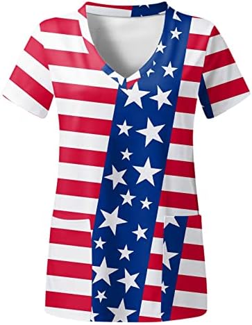 Kadın T Shirt Gevşek Bayan Bağımsızlık Günü V Boyun Kısa Kollu Cepler Baskılı T Shirt Düğme Bluz Kadınlar