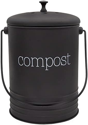AuldHome Siyah Emaye Kompost Kutusu, Çiftlik Evi Kompost Kapaklı ve Kömür Filtreleri, 1.3 Galon