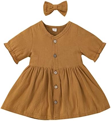 Toddler Kız Elbise Toddler Bebek Çocuk Kız Elbise Kıyafetler Düz Renk Kısa Kollu Tek Göğüslü Elbise Kafa Bandı (Kahverengi, 3-4 Yıl)