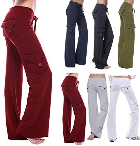Qonıoı Kargo Pantolon Kadın Sonbahar Kadın Egzersiz Tayt Streç Bel Düğme Cep Yoga Spor Salonu Gevşek pantolon, Kadınlar için pantolon