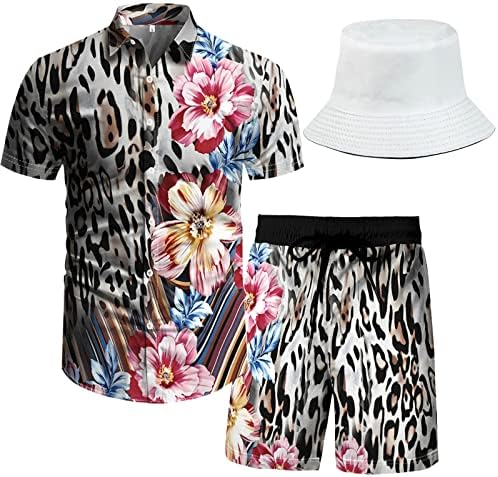 RPOVIG Plaj Kıyafeti Eşleşen Gömlek Şort erkek Hawaii Festivali Çiçek Giysileri 2 parça Setleri Kova Şapka ile