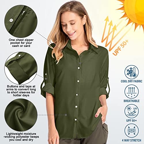 Kadın UPF 50 + Güneş Koruma Uzun Kollu Balıkçı Gömlekleri, Yürüyüş Hızlı Kuru SPF Safari Kıyafetleri Kadınlar için