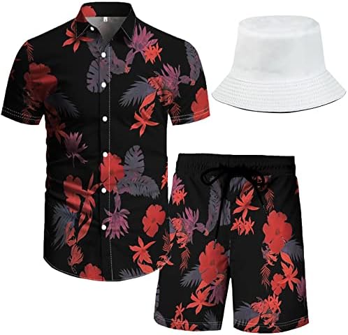 RPOVIG Plaj Kıyafeti Eşleşen Gömlek Şort erkek Hawaii Festivali Çiçek Giysileri 2 parça Setleri Kova Şapka ile