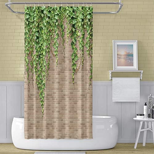 OERJU 59x71 inç Yeşil Yaprak Duş Perdesi Açık Kahverengi Tuğla Duvarlar Lush Botanik Bitki Bahar Çiftlik Tema Su Geçirmez Kumaş Perde