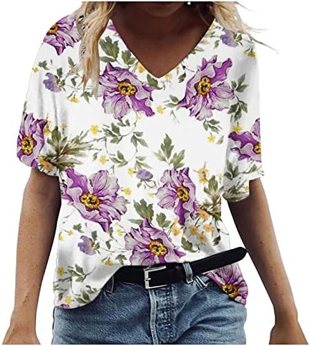 Genç Kızlar Derin V Boyun Pamuk Çiçek Grafik Gevşek Fit Büyük Boy Rahat Fit Rahat Üst Gömlek Kadınlar için Sonbahar Yaz