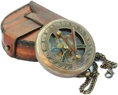 Pusula Antika Cep Madalyon Deniz Güneş Saati Pusula Pirinç ve Zincir Deri Kılıf ile Macera Yürüyüş hayatta kalma aracı Antika Koleksiyon