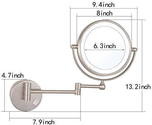 GRUNI Banyo Duvara Monte Makyaj Aynaları, 8 İnç Çift Taraflı Pirinç Büyüteç Vanity Tıraş Katlanabilir Anahtarı Elektrik Fişi (Renk: