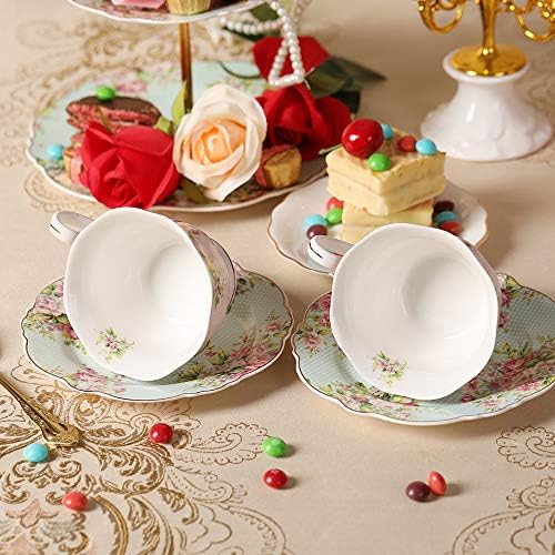 PULCHRİTUDİE Güzel Çin Çay Bardağı ve Tabağı Seti, Pembe Açelya, Altın Jant, Dört Set