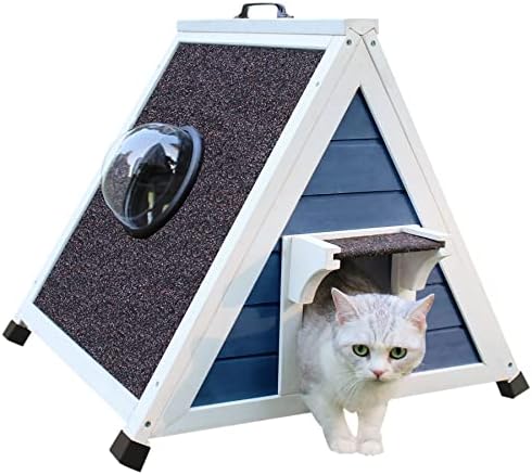 Deblue Açık Kedi Evi, Kaçış Kapısı Açık Pencereli Vahşi Kedi Barınağı, Hava Koşullarına Dayanıklı Ahşap Üçgen Küçük Hayvan Evi ve Habitatları-Mavi
